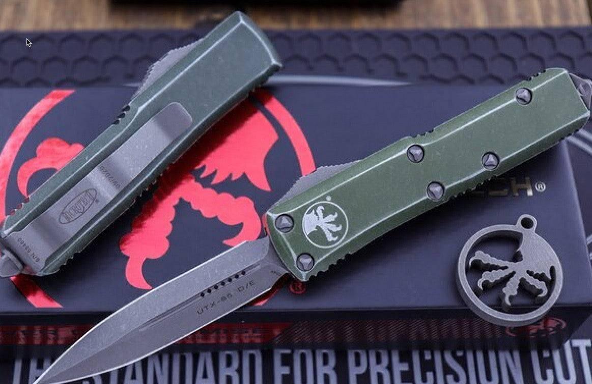 Microtech UTX-85 232-10 DOD Distressed OD Green OTF D/E 3" Dagger Stonewash - NORTH RIVER OUTDOORS