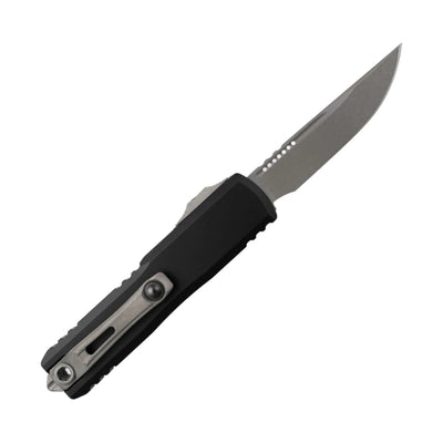 Black folding knife with a metallic blade on a white background