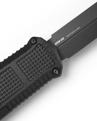 Benchmade 3370GY Claymore OTF Auto Knife 3.89" CPM-D2 Smoke Gray PVD Double Edge Dagger Blade Black Grivory Handles - NORTH RIVER OUTDOORS