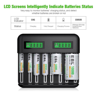 EBL 8 Bay LCD Universal Battery Charger for AA AAA C D Ni-MH Batteries - NORTH RIVER OUTDOORS