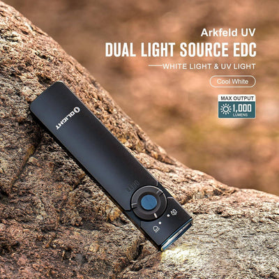 OLIGHT Arkfeld UV 365nm Black Light with 1000 Lumens White LED Flashlight Rechargeable Flat Flashlight for Outdoors, Emergency, Pet Urine Detection - NORTH RIVER OUTDOORS