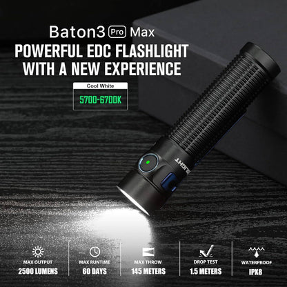 Olight Baton 3 Pro Max 2500 Lumens Rechargeable Compact Flashlight (Cool White) - NORTH RIVER OUTDOORS