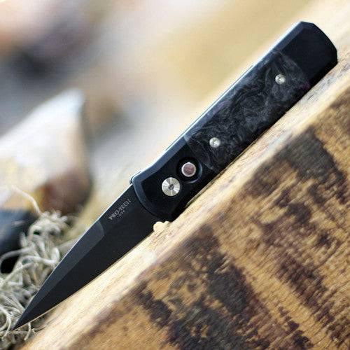 Pro-Tech 7FC32 Godson Auto Folding Knife 3.15" Black DLC Plain Blade Black Handles Dark Matter Purple FatCarbon - NORTH RIVER OUTDOORS