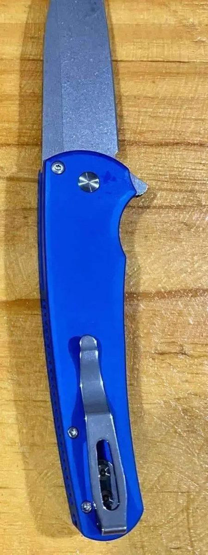 Pro-Tech Malibu Wharncliffe Plunge Lock Flipper Knife Blue (3.3" Stonewash) - NORTH RIVER OUTDOORS