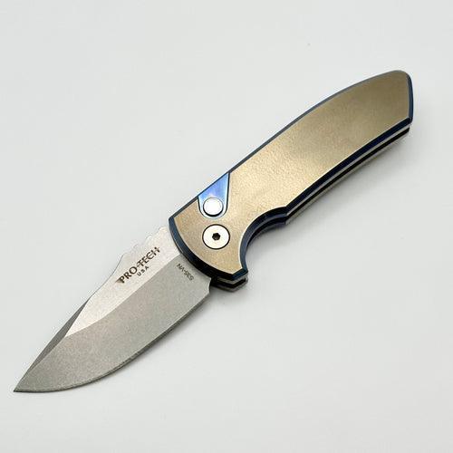 Pro-Tech SBR Short Bladed Rockeye Two Tone Bronze/Blue Chamfers Titanium Orange Peel Handle w/ Pearl Button & Stonewash S35 Blade 2023 SBR Custom 002 - NORTH RIVER OUTDOORS