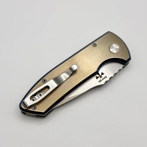 Pro-Tech SBR Short Bladed Rockeye Two Tone Bronze/Blue Chamfers Titanium Orange Peel Handle w/ Pearl Button & Stonewash S35 Blade 2023 SBR Custom 002 - NORTH RIVER OUTDOORS