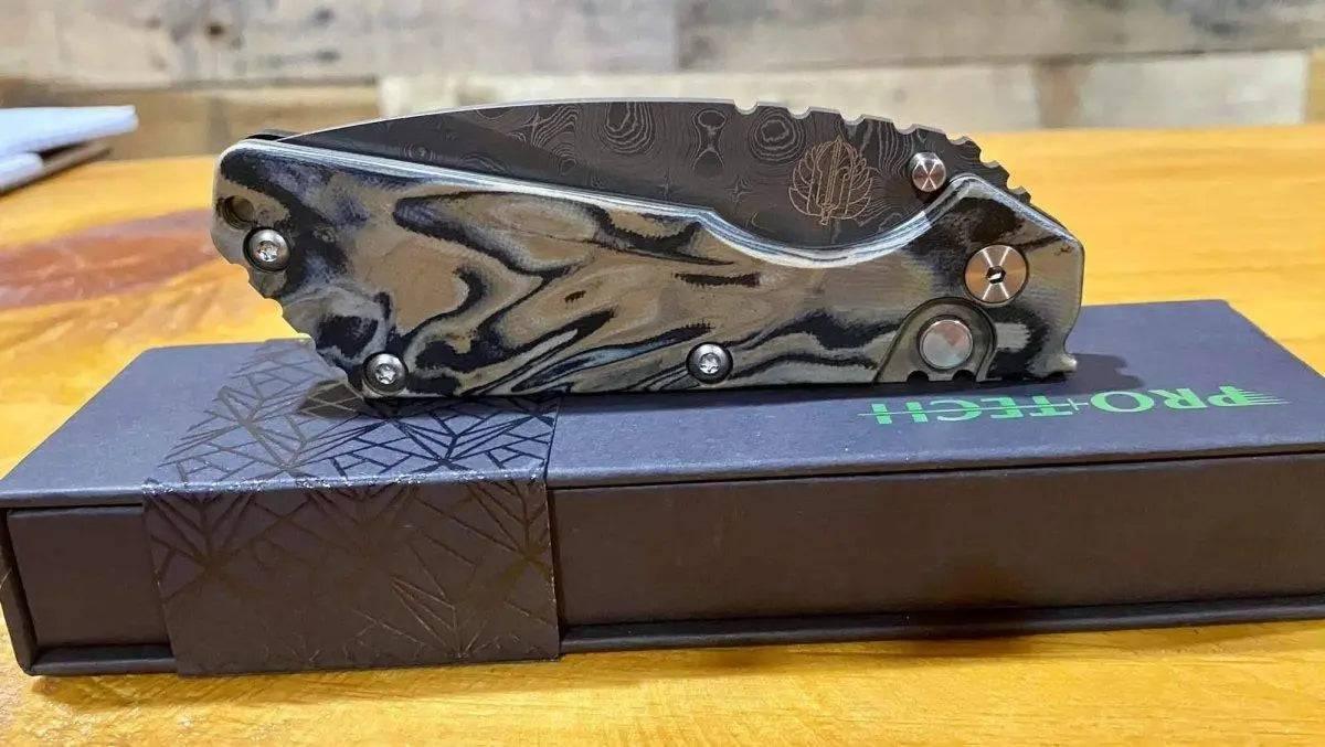 Pro-Tech Strider SnG Custom Auto Camo G-10 Damascus Blade Pearl Button 2436-DAMASCUS - NORTH RIVER OUTDOORS