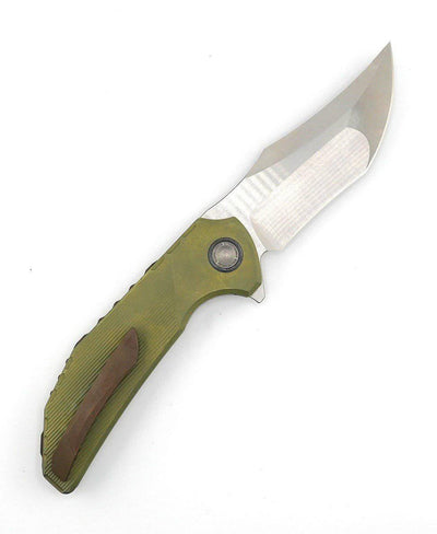 Custom Reate Knives Tiger Liner Lock Flipper 3.75" M390 Satin Compound Recurve Tanto Blade Bead Blasted Stripe Titanium Handles OD Green Anodization - NORTH RIVER OUTDOORS