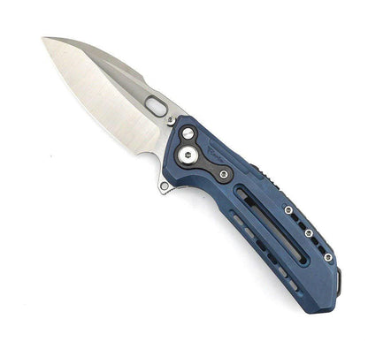 Custom Reate T6000 Frame Lock Flipper Knife 3.1" M390 Belt Satin Drop Point Bead Blasted Titanium Handles Zirconium Spacer Blue Anodized - NORTH RIVER OUTDOORS