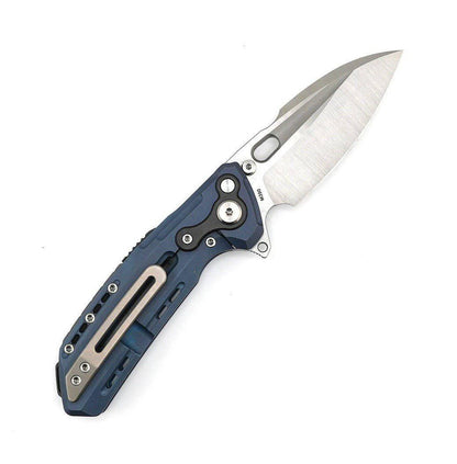 Custom Reate T6000 Frame Lock Flipper Knife 3.1" M390 Belt Satin Drop Point Bead Blasted Titanium Handles Zirconium Spacer Blue Anodized - NORTH RIVER OUTDOORS