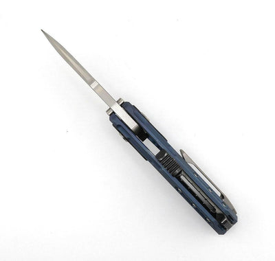 Custom Reate T6000 Frame Lock Flipper Knife 3.1" M390 Belt Satin Drop Point Bead Blasted Titanium Handles Zirconium Spacer Blue Anodized - NORTH RIVER OUTDOORS