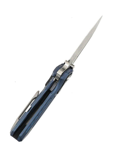 Custom Reate T6000 Frame Lock Flipper Knife 3.1" M390 Belt Satin Drop Point Bead Blasted Titanium Handles Zirconium Spacer Blue Anodized - NORTH RIVER OUTDOORS