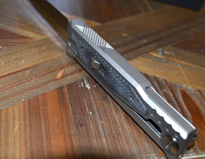 REATE EXO-M OTF GRAVITY KNIFE TITANIUM/BLACK MICARTA 2.95" DOUBLE EDGE SATIN - NORTH RIVER OUTDOORS