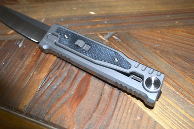 REATE EXO-M OTF GRAVITY KNIFE TITANIUM/BLACK MICARTA 2.95" TANTO SATIN - NORTH RIVER OUTDOORS