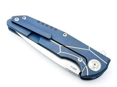 Reate K-4 Flipper 3.75" Damasteel RWL-34 Compound Tanto Blade Blue Titanium Handles Carbon Fiber Inlays - NORTH RIVER OUTDOORS