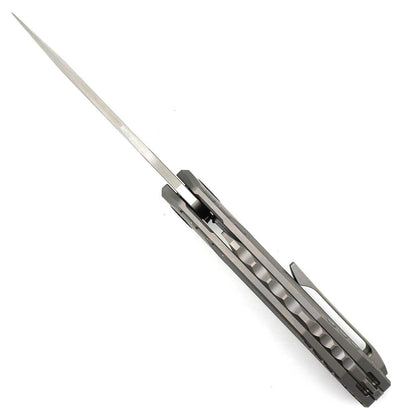 Reate Knives Tiger Liner Lock Flipper 3.75" M390 Satin Compound Recurve Tanto Blade, Bead Blasted Diamond Texture Milled Titanium Handles - NORTH RIVER OUTDOORS