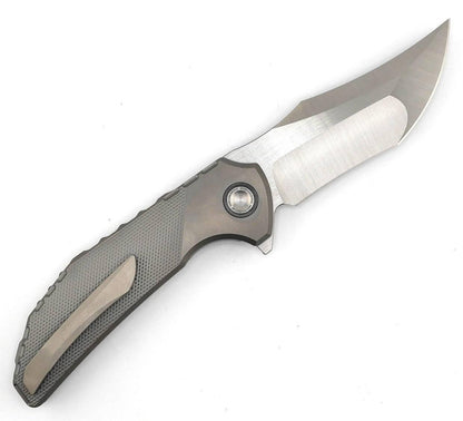 Reate Knives Tiger Liner Lock Flipper 3.75" M390 Satin Compound Recurve Tanto Blade, Bead Blasted Diamond Texture Milled Titanium Handles - NORTH RIVER OUTDOORS