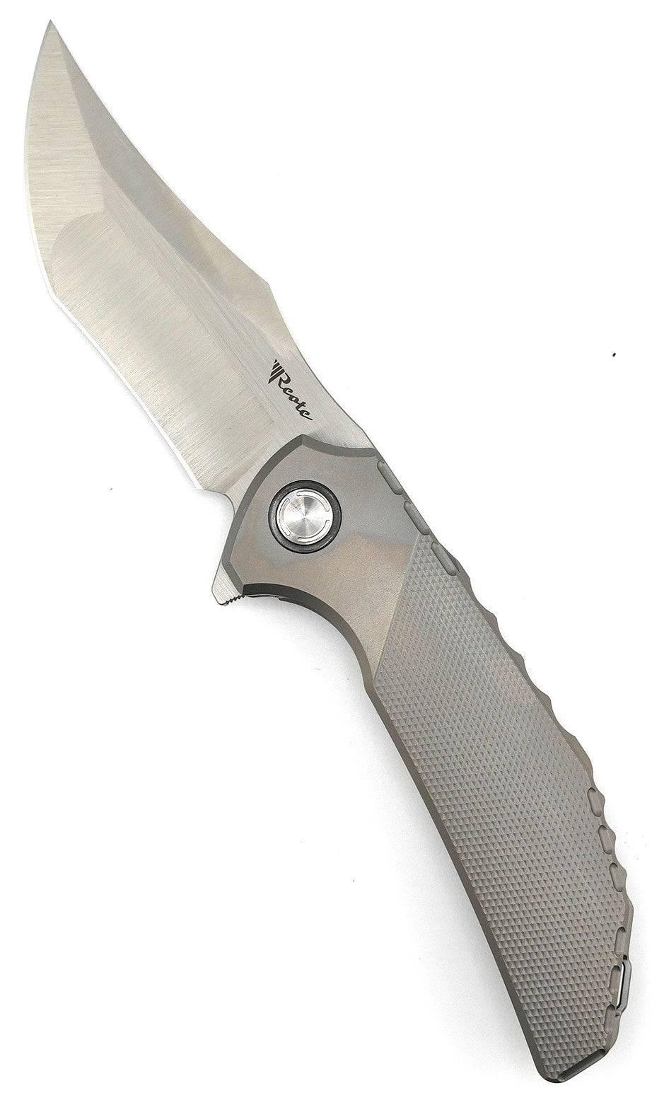 Reate Knives Tiger Liner Lock Flipper 3.75" M390 Satin Compound Recurve Tanto Blade, Bead Blasted Diamond Texture Milled Titanium Handles - NORTH RIVER OUTDOORS