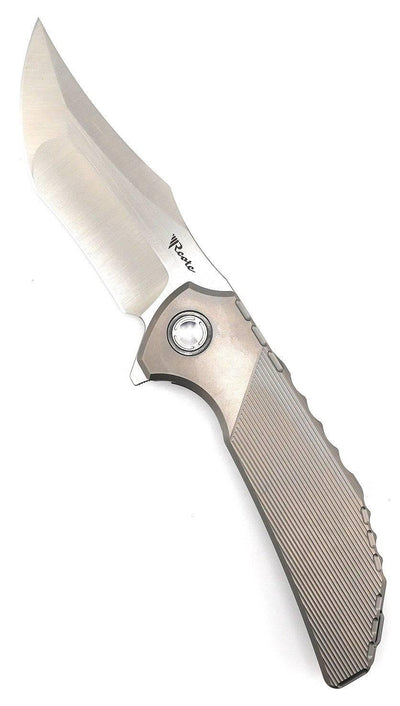 Reate Knives Tiger Liner Lock Flipper 3.75" M390 Satin Compound Recurve Tanto Blade, Bead Blasted Stripe Pattern Milled Titanium Handles - NORTH RIVER OUTDOORS