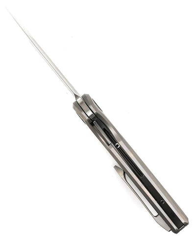 Reate Knives Tiger Liner Lock Flipper 3.75" M390 Satin Compound Recurve Tanto Blade, Bead Blasted Stripe Pattern Milled Titanium Handles - NORTH RIVER OUTDOORS