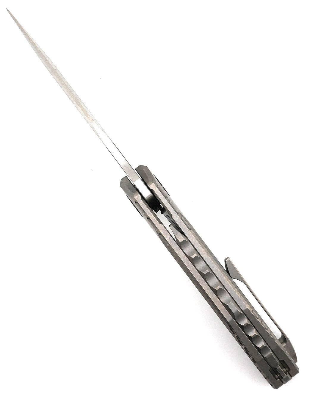 Reate Knives Tiger Liner Lock Flipper 3.75" M390 Satin Compound Recurve Tanto Blade, Bead Blasted Stripe Pattern Milled Titanium Handles - NORTH RIVER OUTDOORS