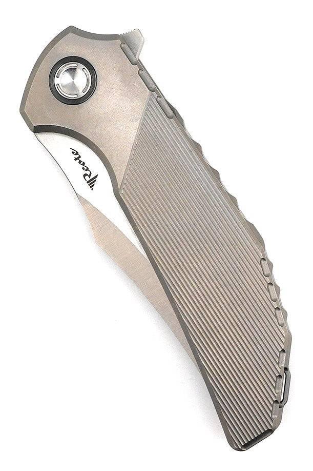 Reate Knives Tiger Liner Lock Flipper 3.75" M390 Satin Compound Recurve Tanto Blade, Bead Blasted Stripe Pattern Milled Titanium Handles - NORTH RIVER OUTDOORS
