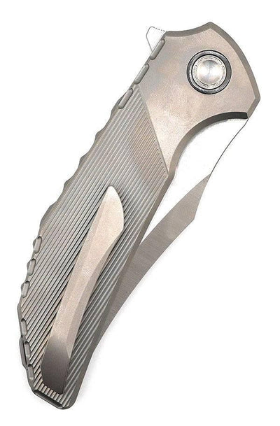 Reate Knives Tiger Liner Lock Flipper 3.75" M390 Satin Compound Recurve Tanto Blade, Bead Blasted Stripe Pattern Milled Titanium Handles - NORTH RIVER OUTDOORS