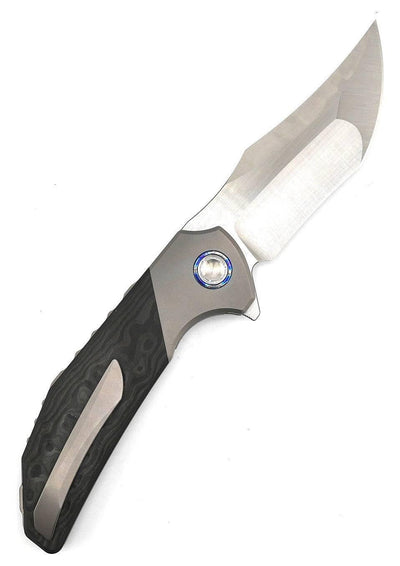 Reate Knives Tiger Liner Lock Flipper 3.75" M390 Satin Compound Recurve Tanto Blade, Black Camo FatCarbon Handles - NORTH RIVER OUTDOORS