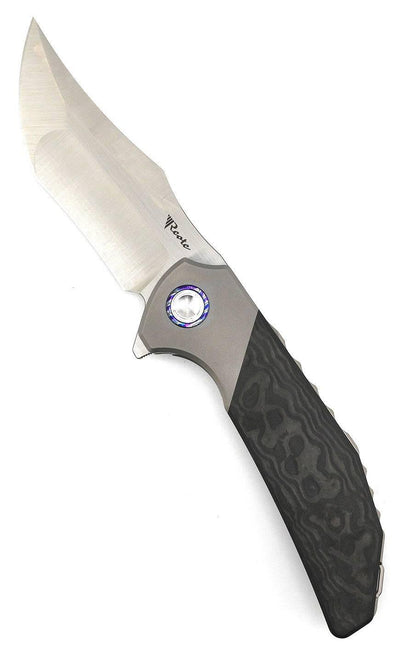 Reate Knives Tiger Liner Lock Flipper 3.75" M390 Satin Compound Recurve Tanto Blade, Black Camo FatCarbon Handles - NORTH RIVER OUTDOORS