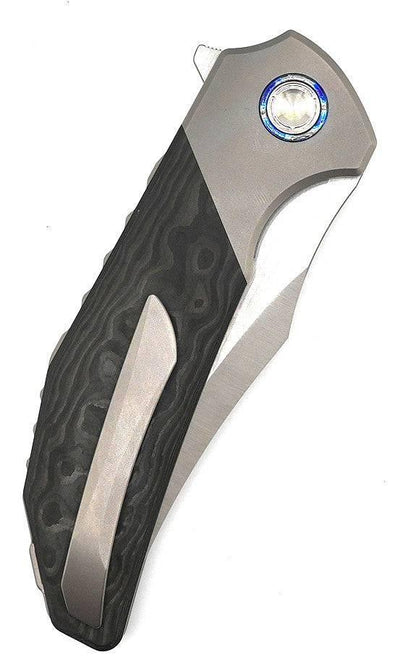 Reate Knives Tiger Liner Lock Flipper 3.75" M390 Satin Compound Recurve Tanto Blade, Black Camo FatCarbon Handles - NORTH RIVER OUTDOORS