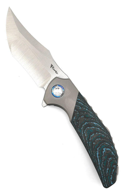 Reate Knives Tiger Liner Lock Flipper 3.75" M390 Satin Compound Recurve Tanto Blade, Crosscut Arctic Storm FatCarbon - NORTH RIVER OUTDOORS