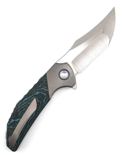 Reate Knives Tiger Liner Lock Flipper 3.75" M390 Satin Compound Recurve Tanto Blade, Crosscut Arctic Storm FatCarbon - NORTH RIVER OUTDOORS