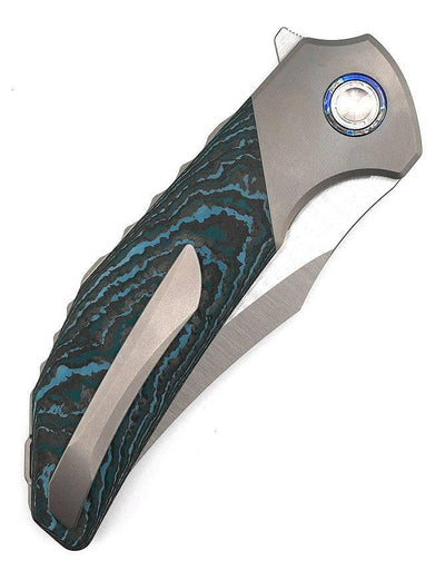 Reate Knives Tiger Liner Lock Flipper 3.75" M390 Satin Compound Recurve Tanto Blade, Crosscut Arctic Storm FatCarbon - NORTH RIVER OUTDOORS