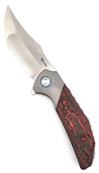 Reate Knives Tiger Liner Lock Flipper 3.75" M390 Satin Compound Recurve Tanto Blade, Lava Flow FatCarbon Handles - NORTH RIVER OUTDOORS