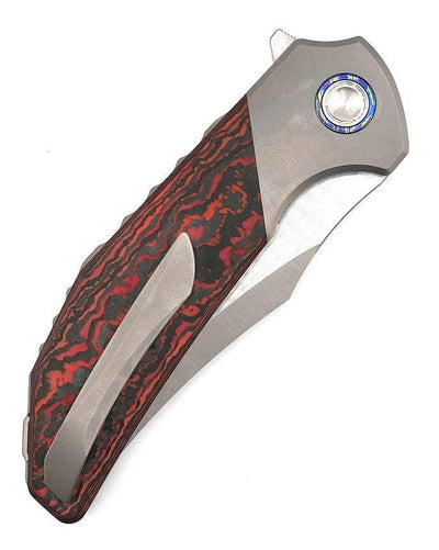 Reate Knives Tiger Liner Lock Flipper 3.75" M390 Satin Compound Recurve Tanto Blade, Lava Flow FatCarbon Handles - NORTH RIVER OUTDOORS