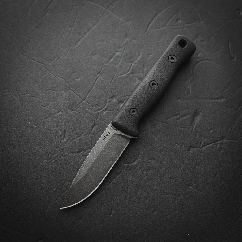 Reiff Knives F4 Bushcraft Fixed Blade 4" CPM-3V Acid Stonewashed Drop Point Black G10 Handles Kydex Sheath - NORTH RIVER OUTDOORS