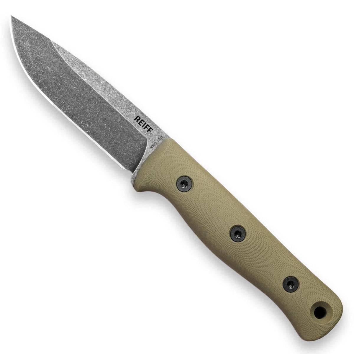 Reiff Knives F4 Bushcraft Fixed Blade 4" CPM-3V Acid Stonewashed Drop Point OD Green G10 Handles Kydex Sheath - NORTH RIVER OUTDOORS