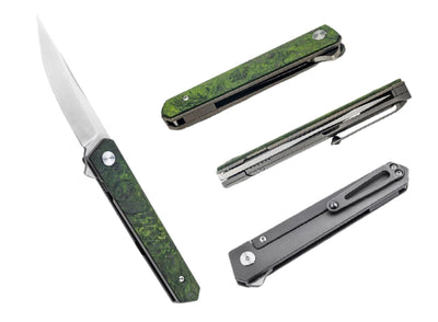 Boker Burnley Limited Edition Kwaiken Mini Flipper Knife 3.03" M390 Satin Blade, Green Carbon Fiber Titanium Handles - NORTH RIVER OUTDOORS