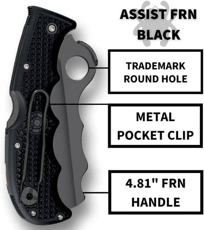 Spyderco Assist Rescue Folding Knife 3-11/16" VG10 Black Combo Blade Black FRN Handles Whistle C79PSBBK - NORTH RIVER OUTDOORS