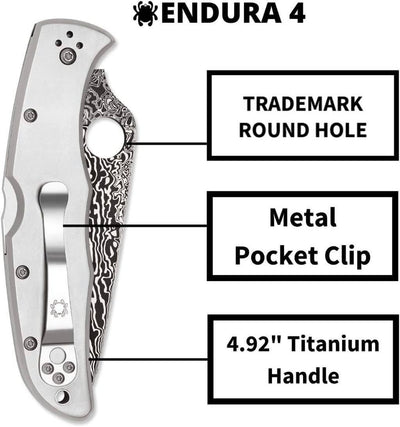 Spyderco Endura C10TIPD 3.83" VG10 Damascus Plain Blade, Titanium Handles - NORTH RIVER OUTDOORS