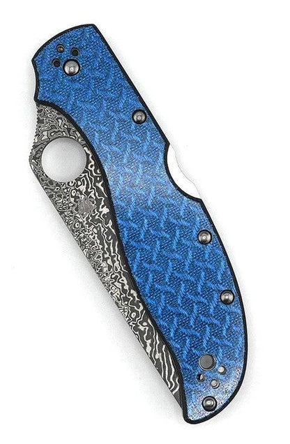 Spyderco Stretch 2XL Sprint Run Folding Knife 3.96" Damascus VG10 Core Plain Blade Blue Nishijin Glass Fiber Handles - NORTH RIVER OUTDOORS