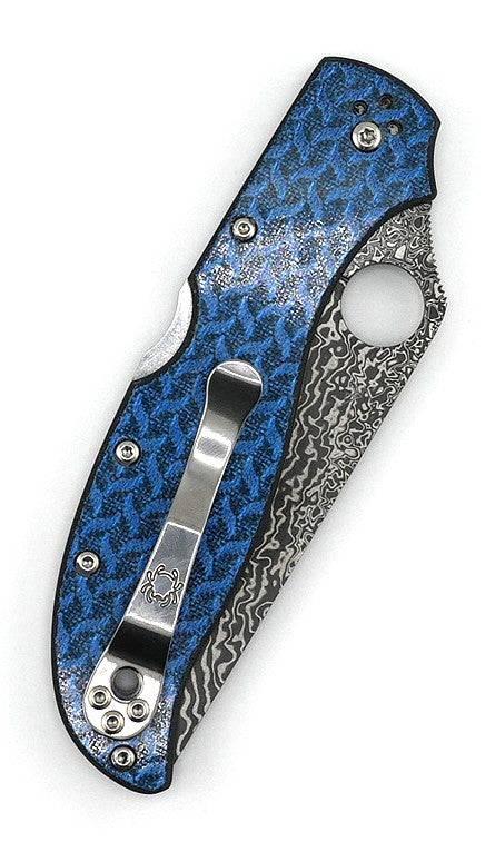 Spyderco Stretch 2XL Sprint Run Folding Knife 3.96" Damascus VG10 Core Plain Blade Blue Nishijin Glass Fiber Handles - NORTH RIVER OUTDOORS