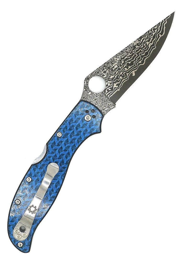Spyderco Stretch 2XL Sprint Run Folding Knife 3.96" Damascus VG10 Core Plain Blade Blue Nishijin Glass Fiber Handles - NORTH RIVER OUTDOORS