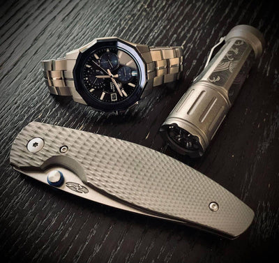 TRM Atom Liner Lock Lizard Skin Contoured 3D Titanium Scales Stonewashed MagnaCut - NORTH RIVER OUTDOORS