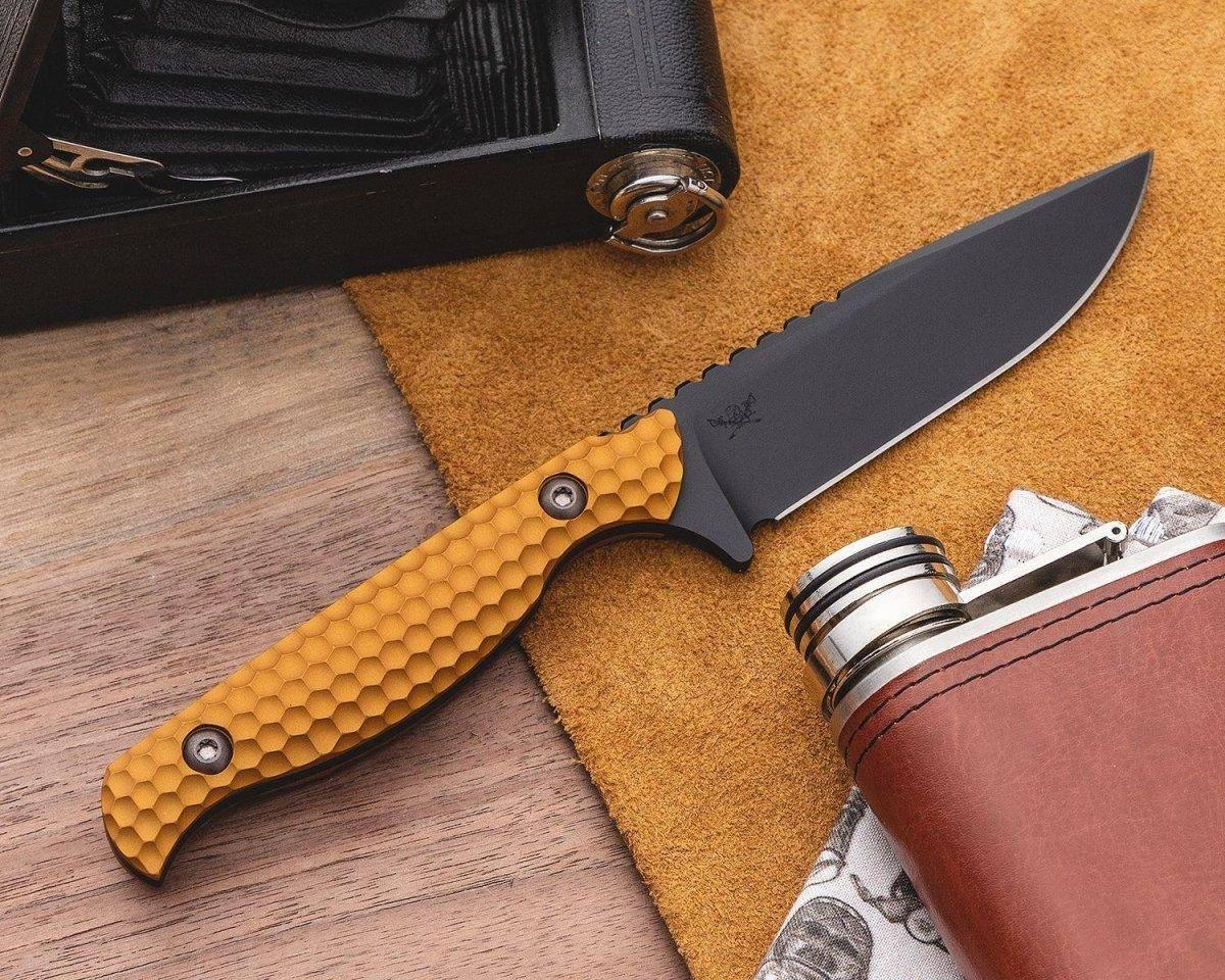 Toor Mutiny Fixed Blade Knife 4" CPM-154 Black Drop Point Gold Aluminum Handles (USA) - NORTH RIVER OUTDOORS