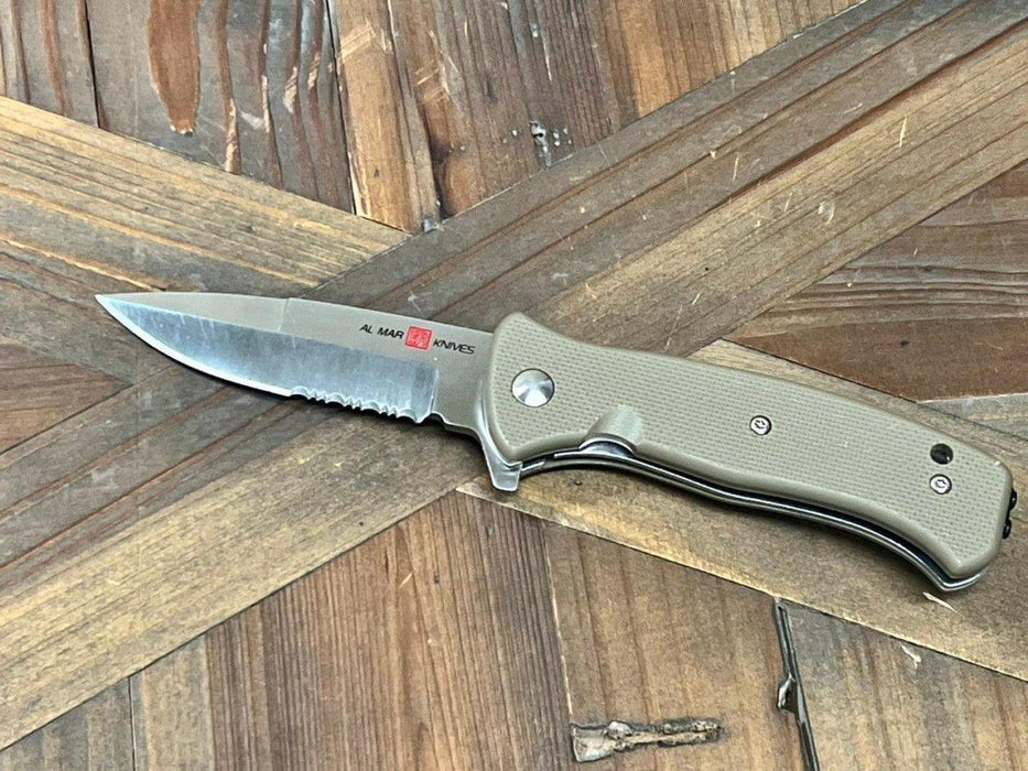 Al Mar Mini SERE 2020 Assisted Flipper Knife 3" 8Cr13MoV Satin Combo Talon Drop Point, Coyote Tan Handles from NORTH RIVER OUTDOORS