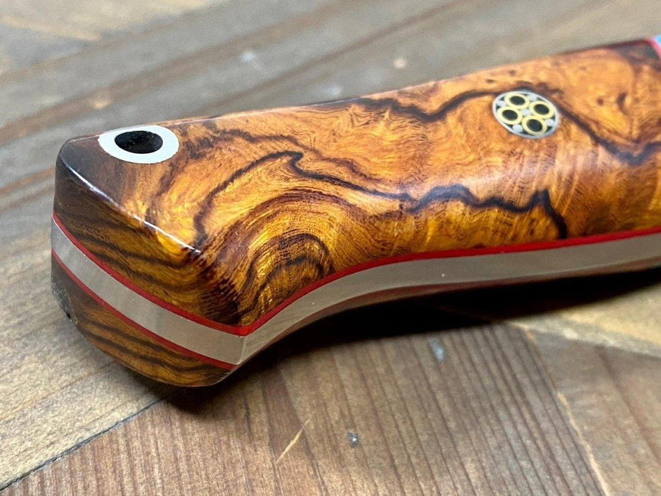 Bark River Gunny Scandi CPM 3V Desert Ironwood Burl, Turquoise Spacer, Red Liners, Mosaic Pins from NORTH RIVER OUTDOORS