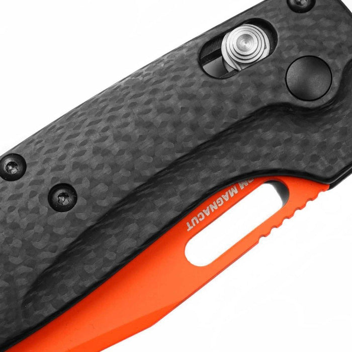 Benchmade Taggedout AXIS Folding Knife 3.5" MagnaCut Orange Blade Carbon Fiber Handles from NORTH RIVER OUTDOORS