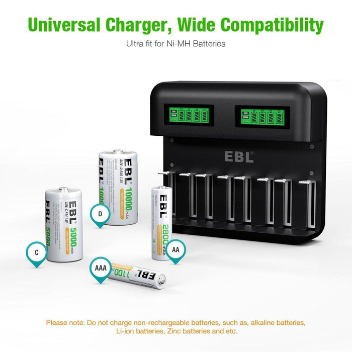 EBL 8 Bay LCD Universal Battery Charger for AA AAA C D Ni-MH Batteries from NORTH RIVER OUTDOORS