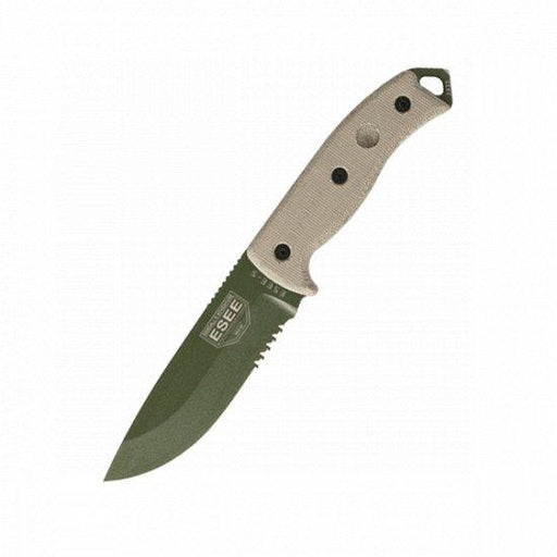 ESEE 5 Partially Serrated Edge, Tan Micarta Handles, Black Sheath ESEE-5S-E from NORTH RIVER OUTDOORS